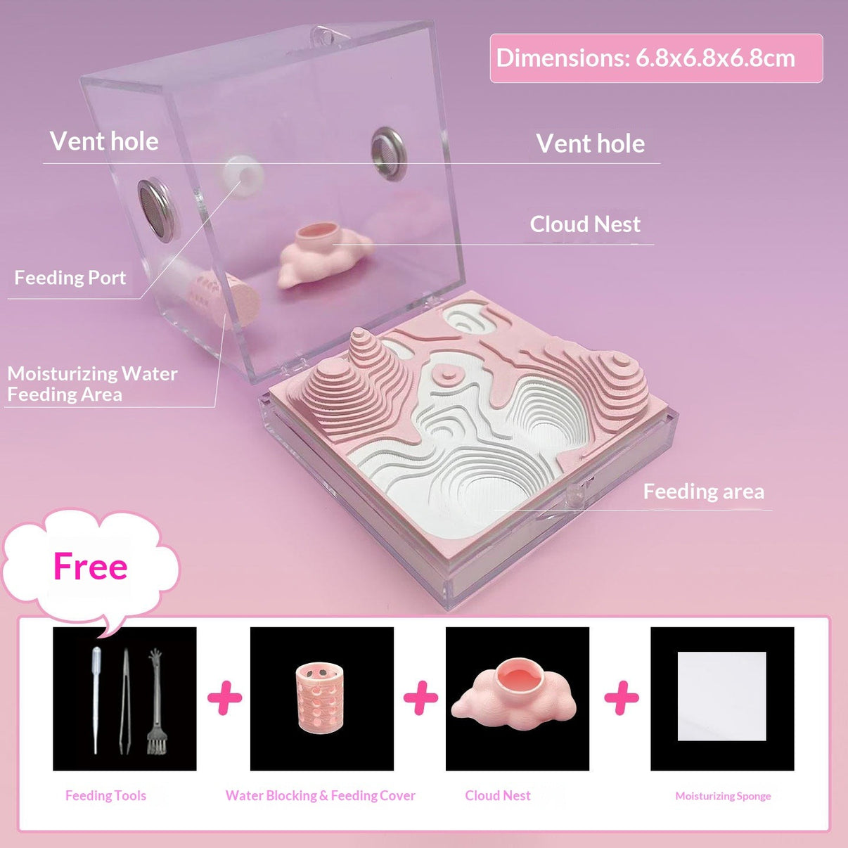 Acrylic ant farm enclosure with pink and white terrain, vent holes, feeding area, and cloud nest; includes feeding tools, water blocking cover, and moisturizing sponge, ideal for exotic pet habitats.