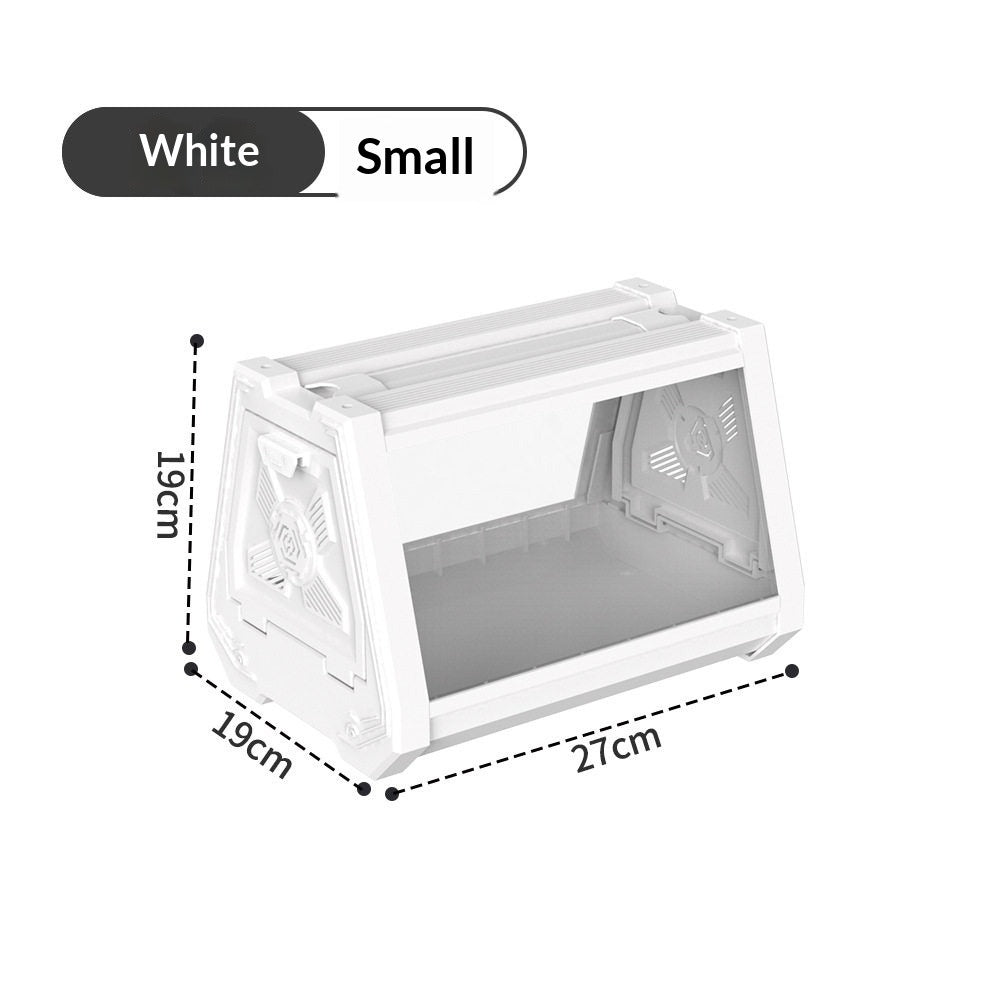 Small white acrylic reptile enclosure with clear front, ventilation, and size dimensions 27x19x19 cm.