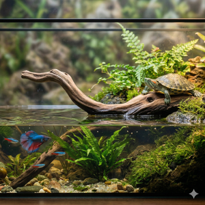Aquarium with a turtle on driftwood, betta fish, plants, and natural terrarium decor