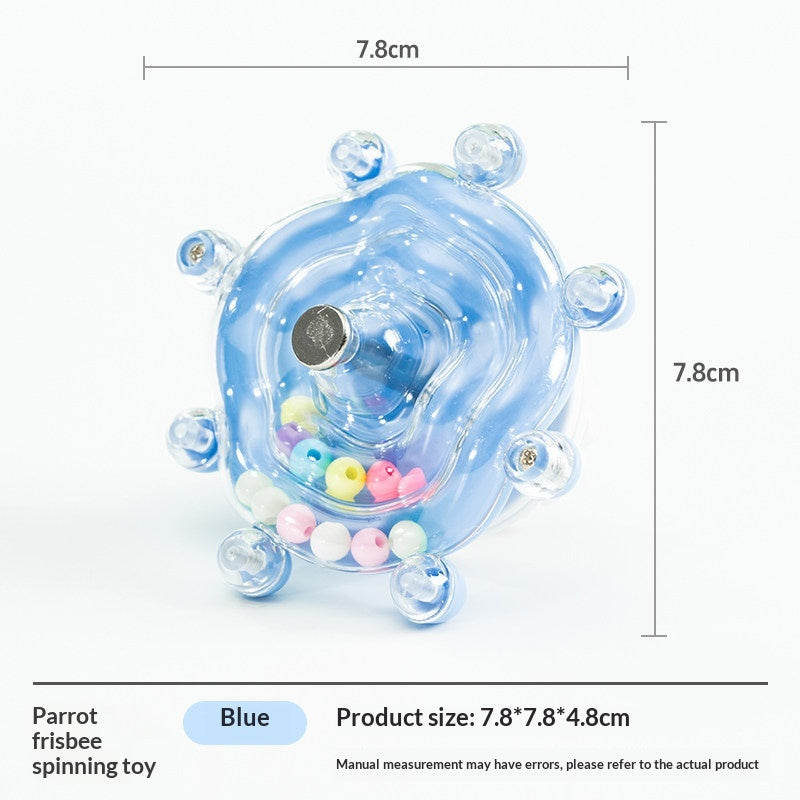 Blue parrot frisbee spinning toy with colorful beads, 7.8cm diameter, bird toy for cages