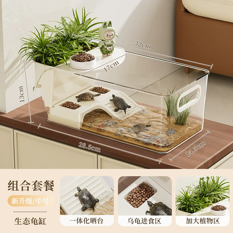 Transparent turtle terrarium with basking platform, plants, and feeding area, suitable for reptile habitats.