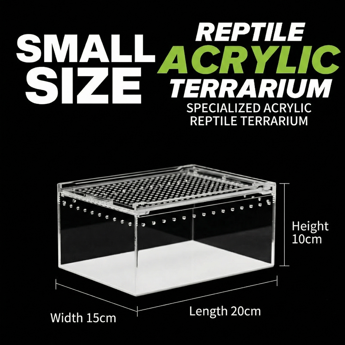 Small clear acrylic reptile terrarium, 20x15x10cm, with ventilated lid.