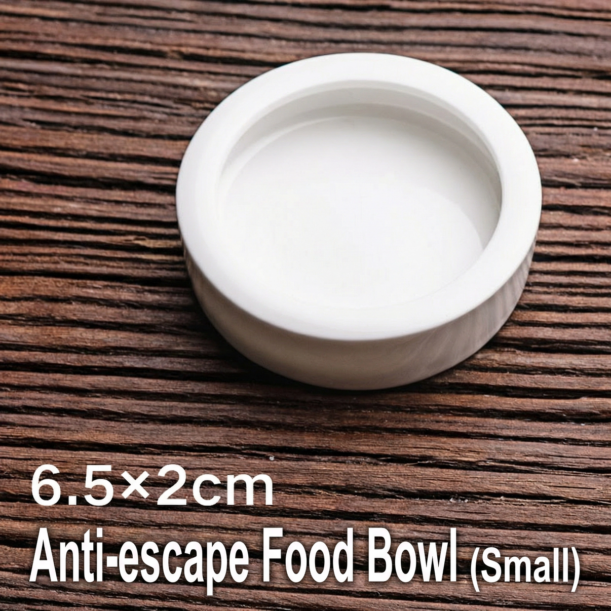 Small white anti-escape food bowl for reptiles or exotic pets on wooden surface, 6.5x2cm size.