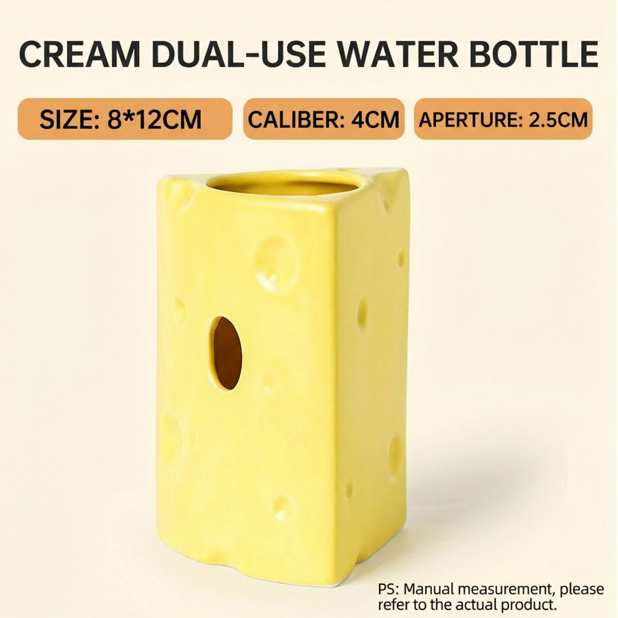 Yellow ceramic water bottle shaped like cheese block for small pets, 8x12cm size.