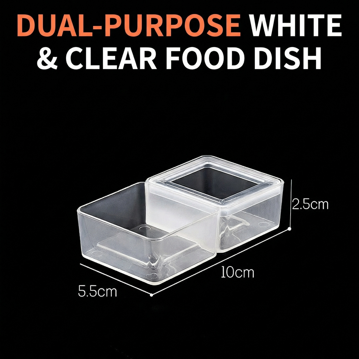 Dual-purpose clear plastic food dish for reptiles or small pets with 10x5.5x2.5cm dimensions