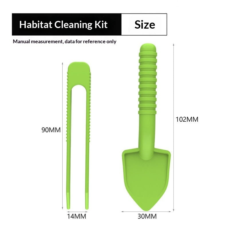 Green habitat cleaning kit with plastic tongs and mini shovel, shown with measurements.